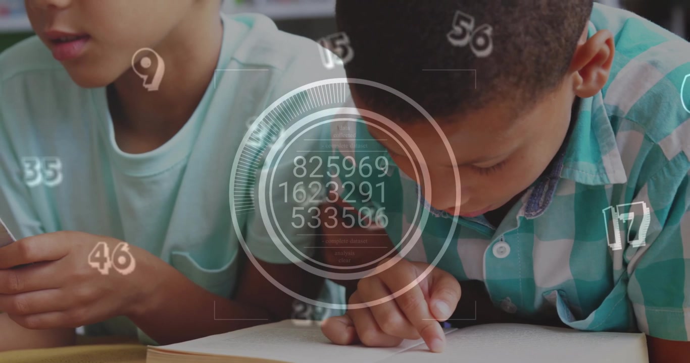 Animation of changing numbers in circles and symbols over diverse children studying in classroom
