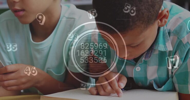 Animation of changing numbers in circles and symbols over diverse children studying in classroom