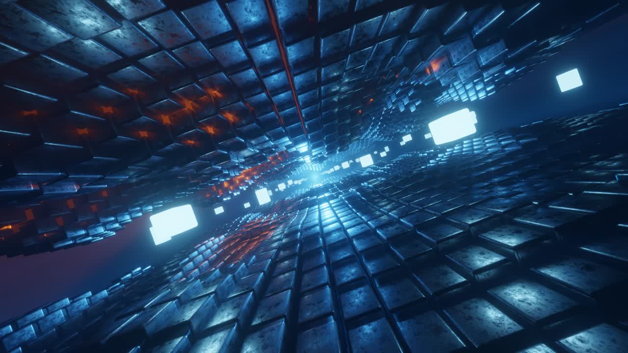 Camera flight through sci fi corridor with moving cubes and neon lights. Gaming, technology, science concept