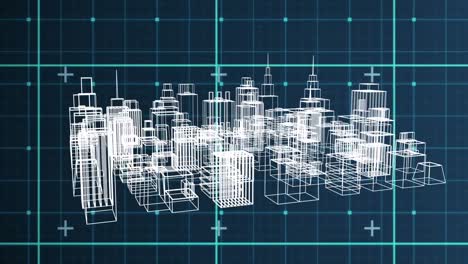 Animation-of-digital-3d-cityscape-spinning-on-grid