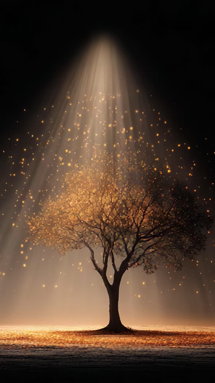 Un albero maestoso illuminato da una luce eterea, circondato da particelle scintillanti, che crea un'atmosfera onirica di tranquillità e meraviglia