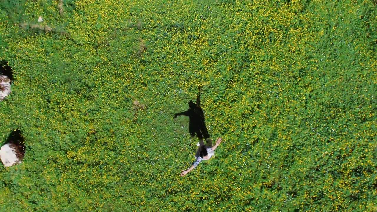 꽃에서 손을 들어 올린 여자의 어지러운 위쪽 전망