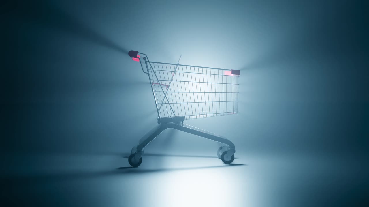 Empty Shopping Cart with Dynamic Light Rays in Misty Background