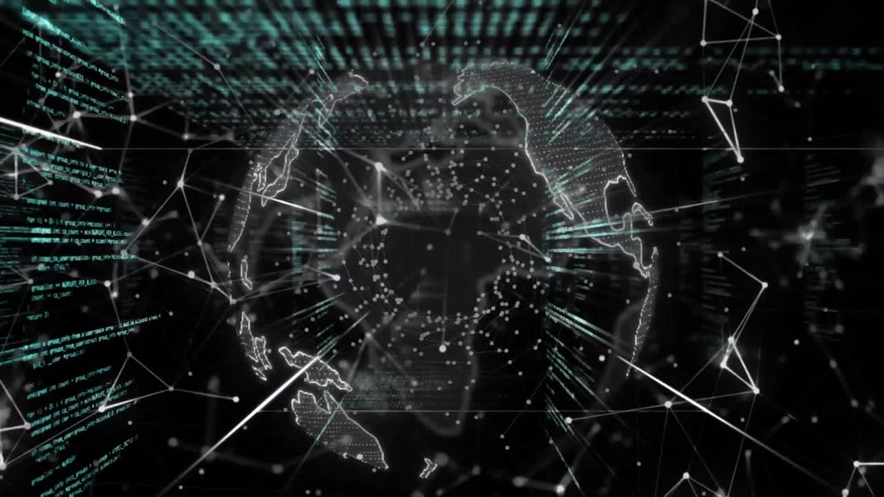 지구상에서 기하학적 모양을 형성하는 연결된 점들의 애니메이션과 컴퓨터 언어