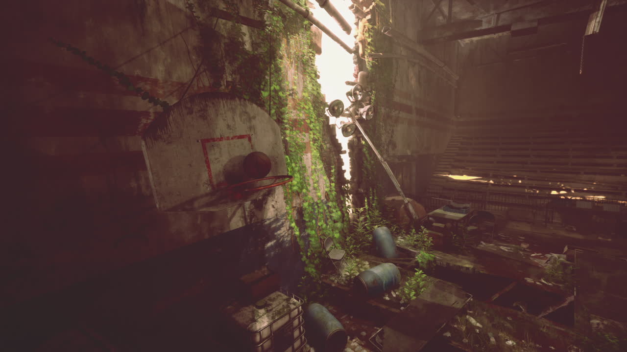 버려진 농구장, 식물로 뒤인 곳