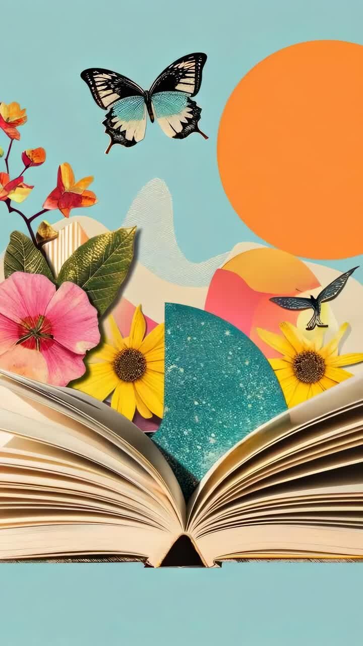 Collage video surreale con un libro aperto, farfalle e fiori