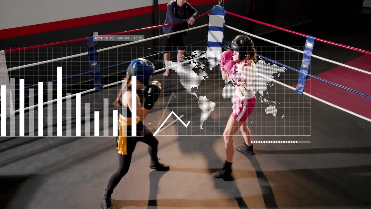 Left boxer starting jab, pressing right boxer blocking, countering for fitness HUD obscuring gloves