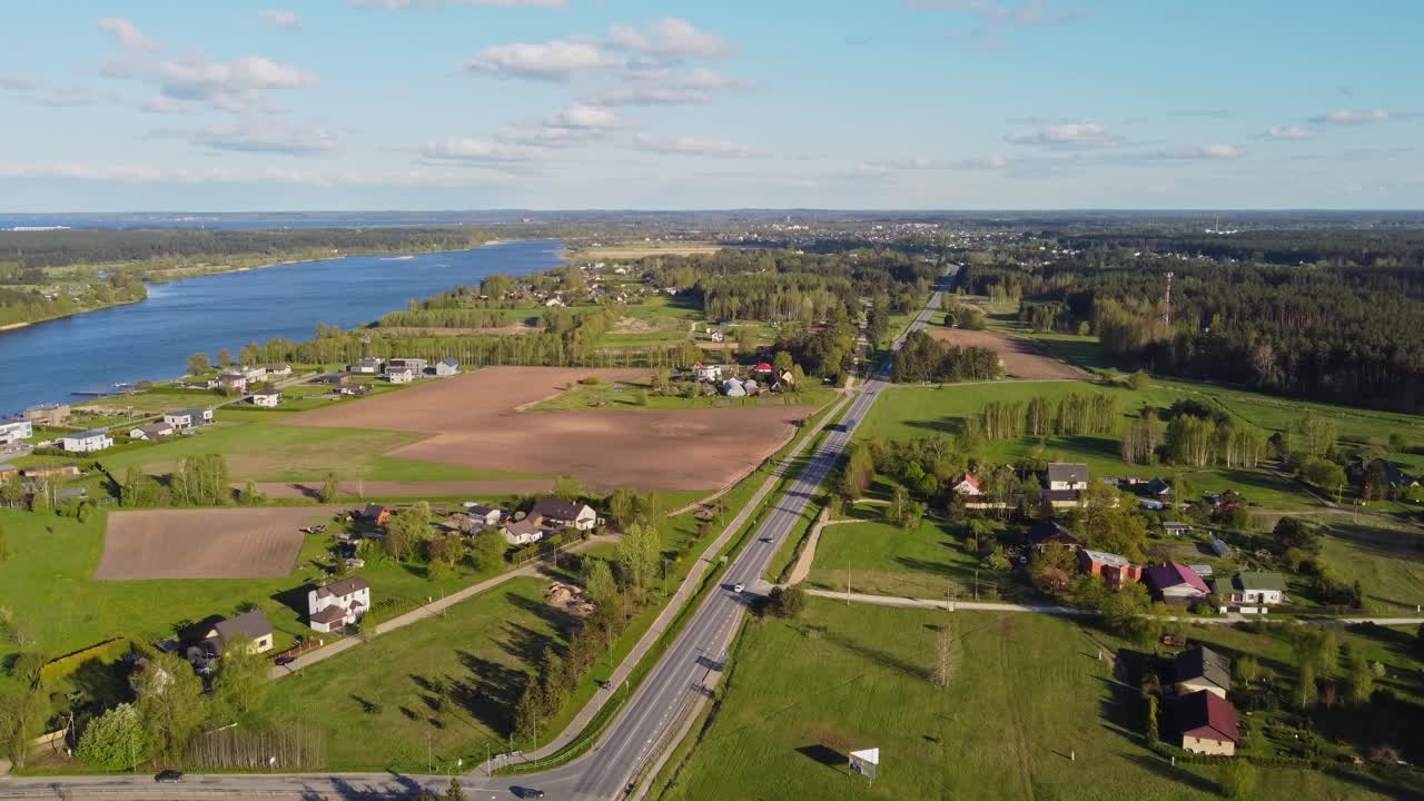 Aerial View Katlakalns Rural Landscape, Houses, Fields, River, Road