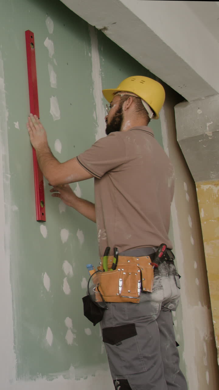 Construction worker using a level on drywall