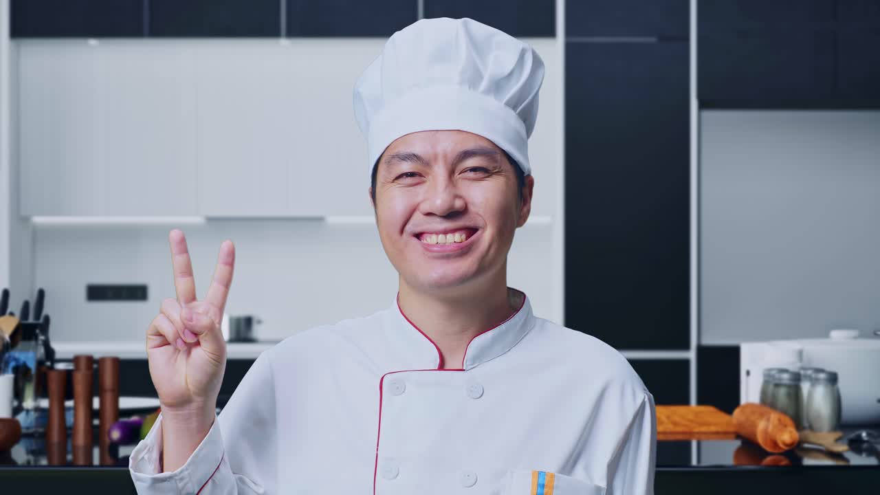primer plano de un cocinero asiático sonriendo y mostrando un gesto de paz a la cámara mientras está de pie en la cocina de casa