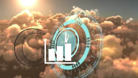 animación del reloj azul sobre el cielo nublado