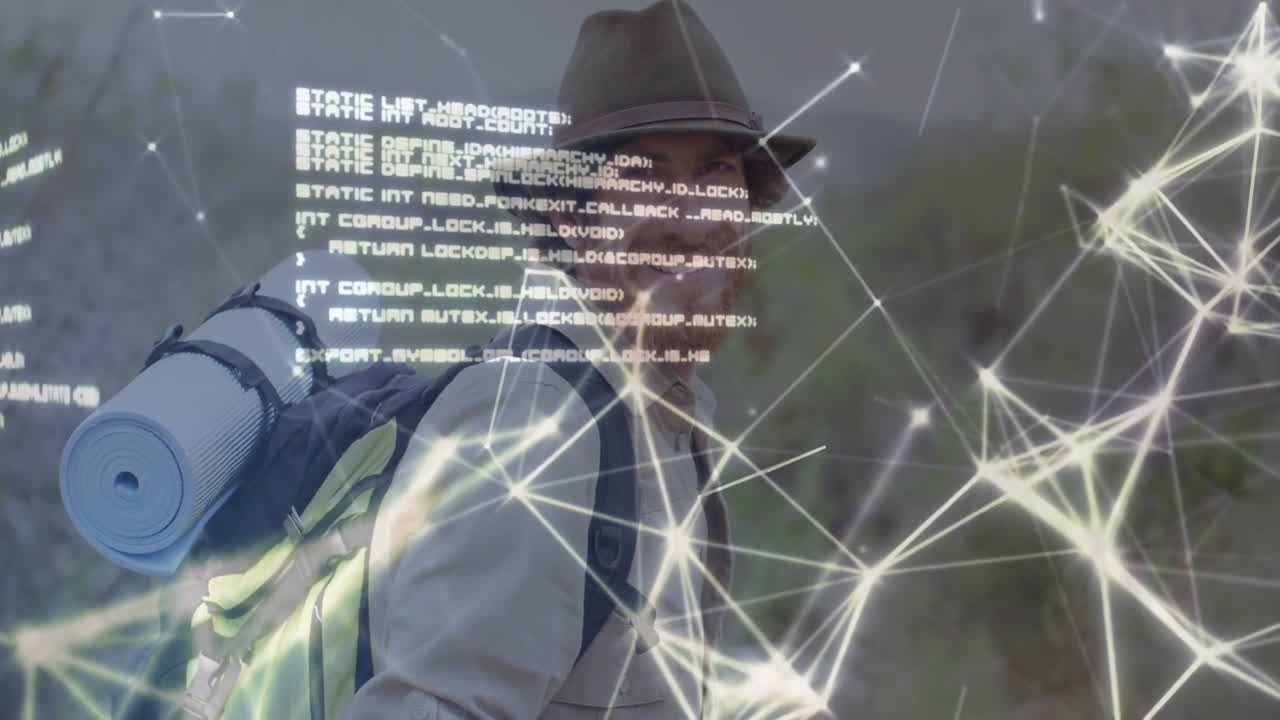 Man carrying backpack and fedora walking forest, interacting with floating technology code network