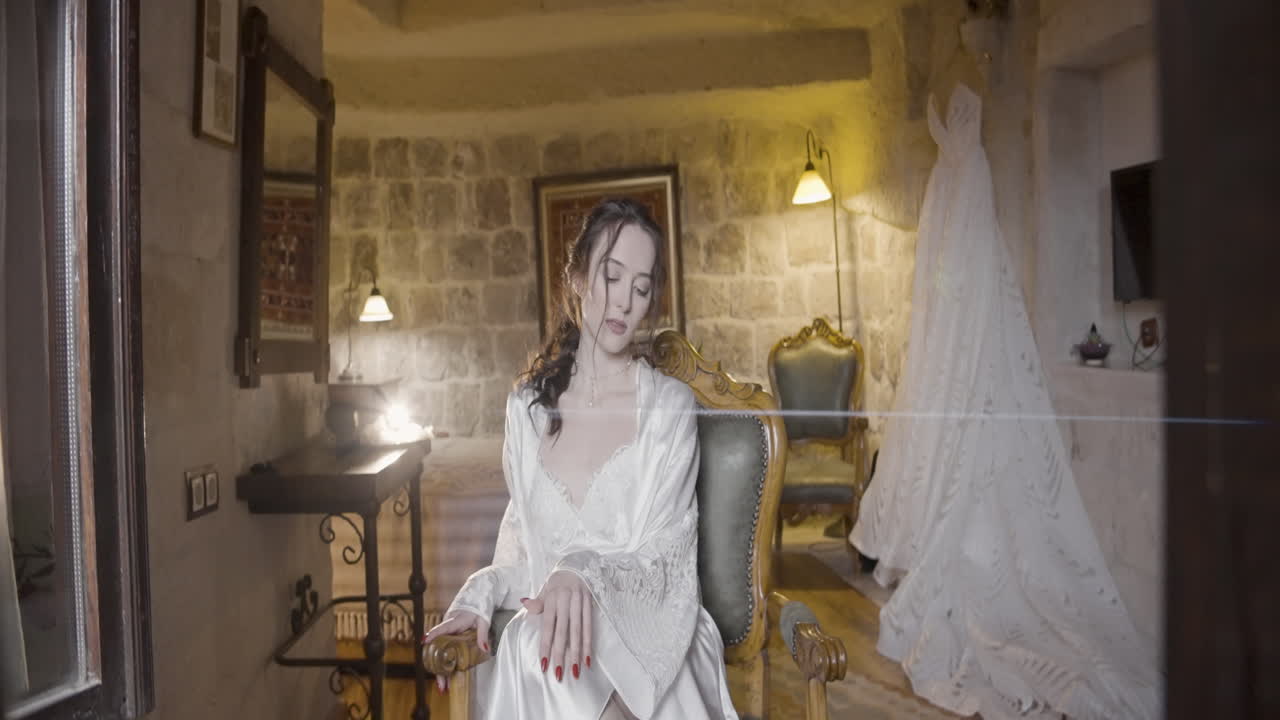 신부가 고급스러운 역사적인 방에서 준비하고 있습니다.