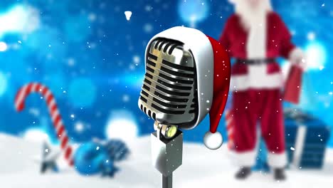 Animation-of-snow-falling-over-winter-landscape-with-microphone-and-santa-claus
