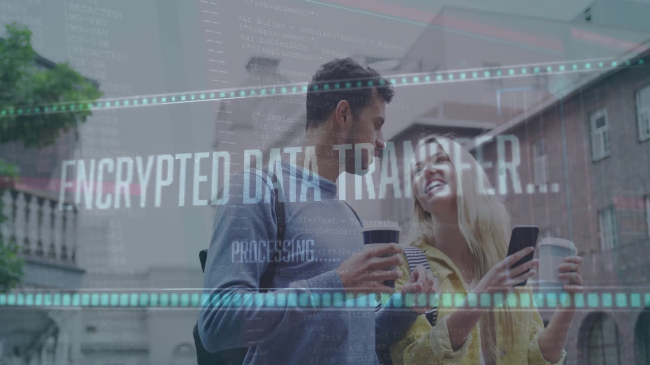 스마트폰을 보는 커피 컵과 함께 다양한 커플을 통해 애니메이션 로딩 바와 그래프