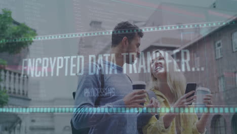 animation loading bars and graphs over diverse couple with coffee cup looking at smartphone