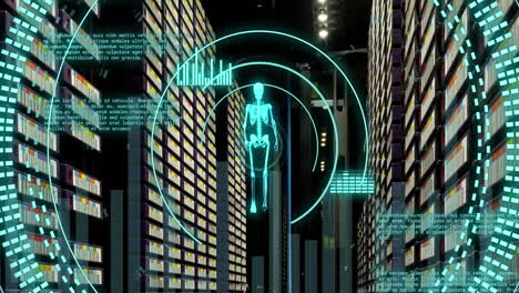 Animation of scope scanning with skeleton and data processing over server room
