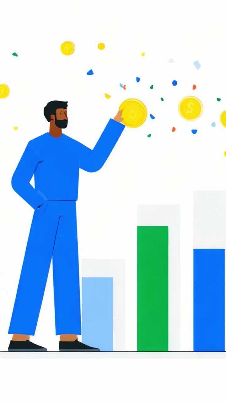 Una persona sicura di sé celebra il successo finanziario tenendo in mano una moneta d'oro tra coriandoli colorati, con grafici a barre ascendenti che simboleggiano crescita e successo