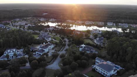 aerial view of north florida neighborhood with pond bordering dense, undeveloped forest during sunset