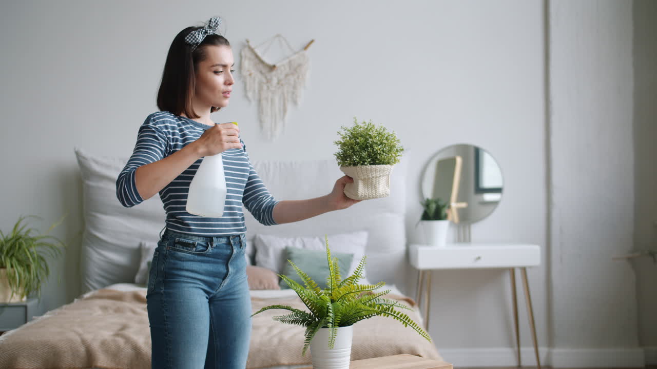 Woman Spraying Plants in Bedroom