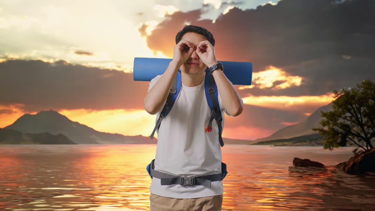excursionista masculino asiático con mochila de montañismo sonriendo y haciendo gestos de binoculares luego mirando a su alrededor en un lago