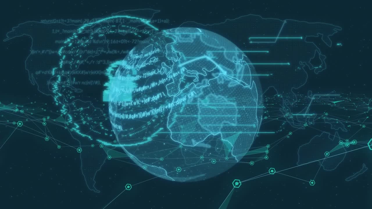 Animation of business icons over globe of network of connections and data