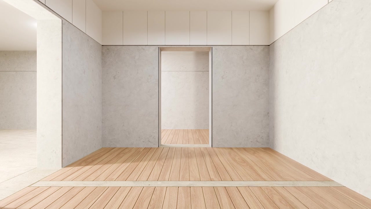 Stanza Moderna Minimalista Vuota con Pavimento in Legno e Pareti in Cemento.