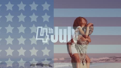 animation of 4th july text, american flag, african american, african american man piggybacking woman