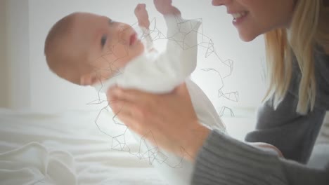 animación de una red móvil de conexiones sobre una madre caucásica sosteniendo a su bebé