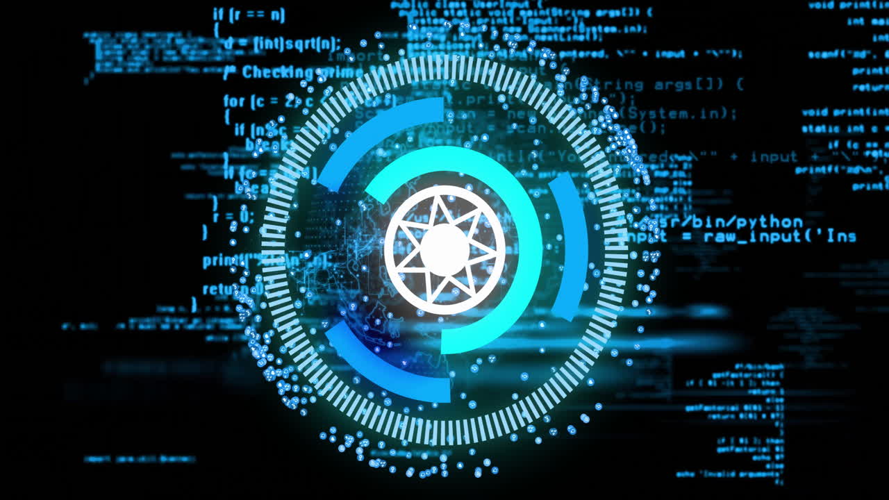 interfaz digital circular y animación de codificación sobre el fondo del código de programación