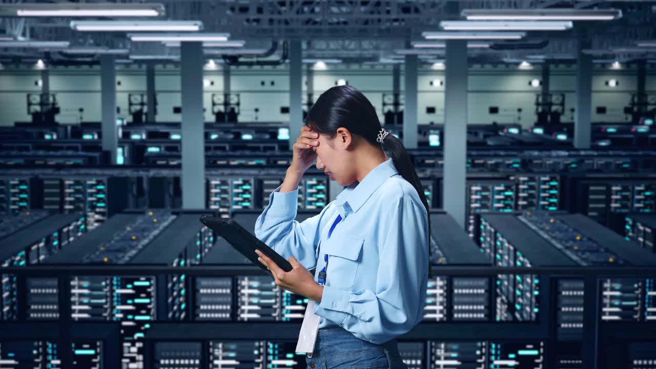 Side View Of Asian Business Woman Not Satisfied And Shakes Her Head While Using Tablet In Data Center