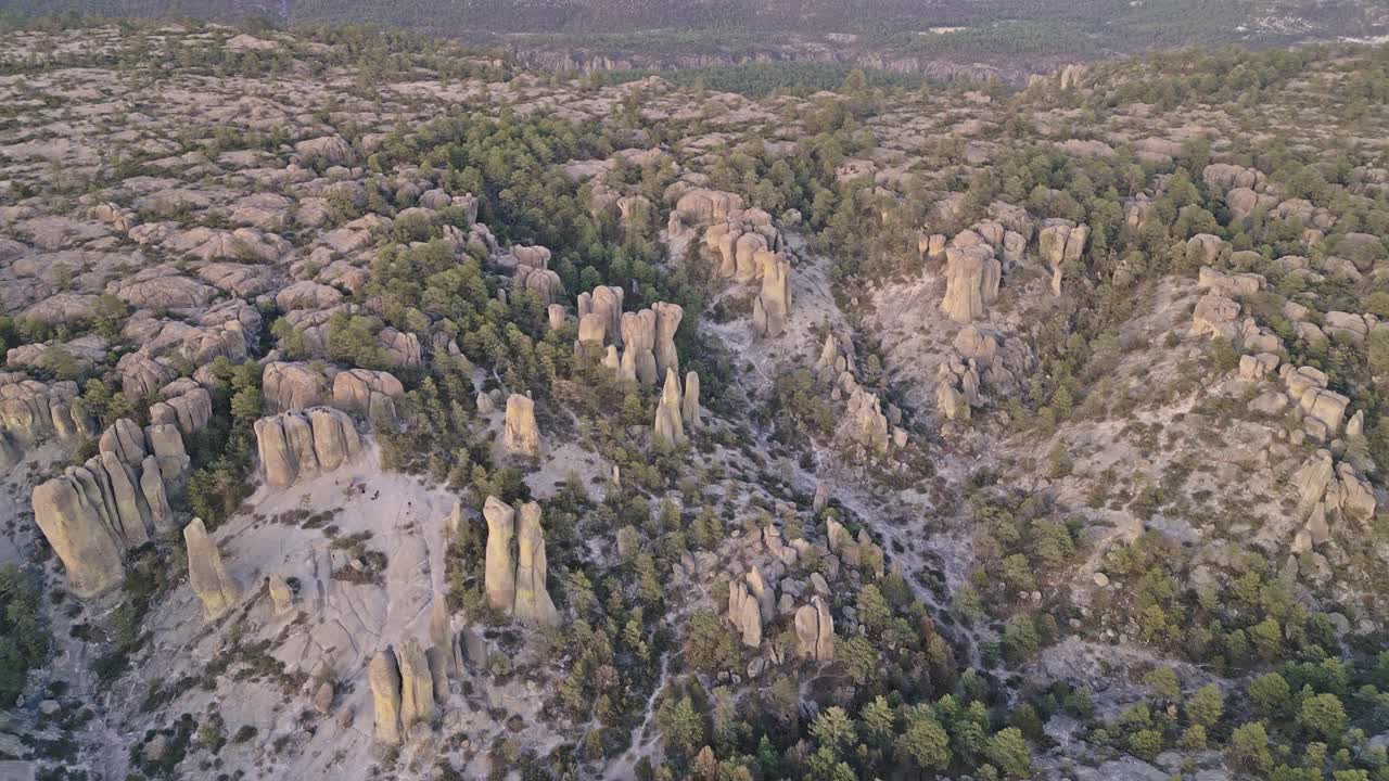 Rock formations in Valle de los Monjes, Creel, seen from above at golden hour
