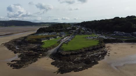 aerial view rising over red wharf bay coastal tavern restaurant on the isle of anglesey, north wales