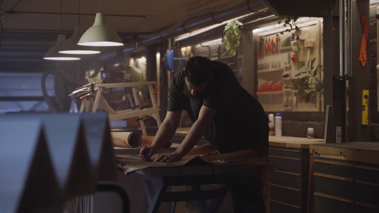 Un abile artigiano lavora con cura un foglio di pelle in un accogliente laboratorio pieno di strumenti e mobili in legno, mettendo in mostra artigianato, creatività e design tradizionale fatto a mano