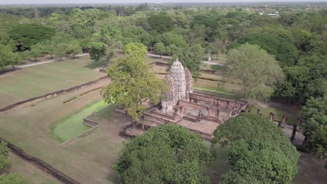 Thailand,Aerial view of Wat Si Sawai temple at Sukhothai National Park,circle pan.