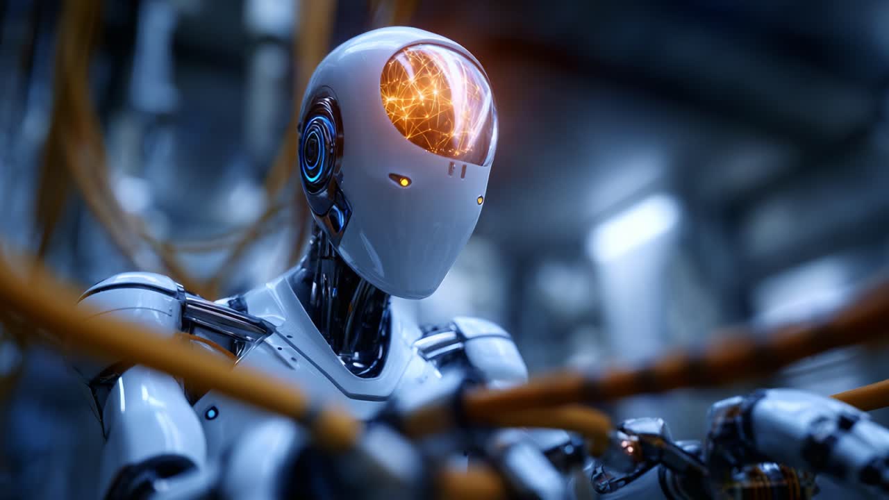 Futuristic Robot with Enhanced Intelligence Processing, Featuring a Glowing Brain System and Intricate Mechanical Design Set in a High-Tech Environment
