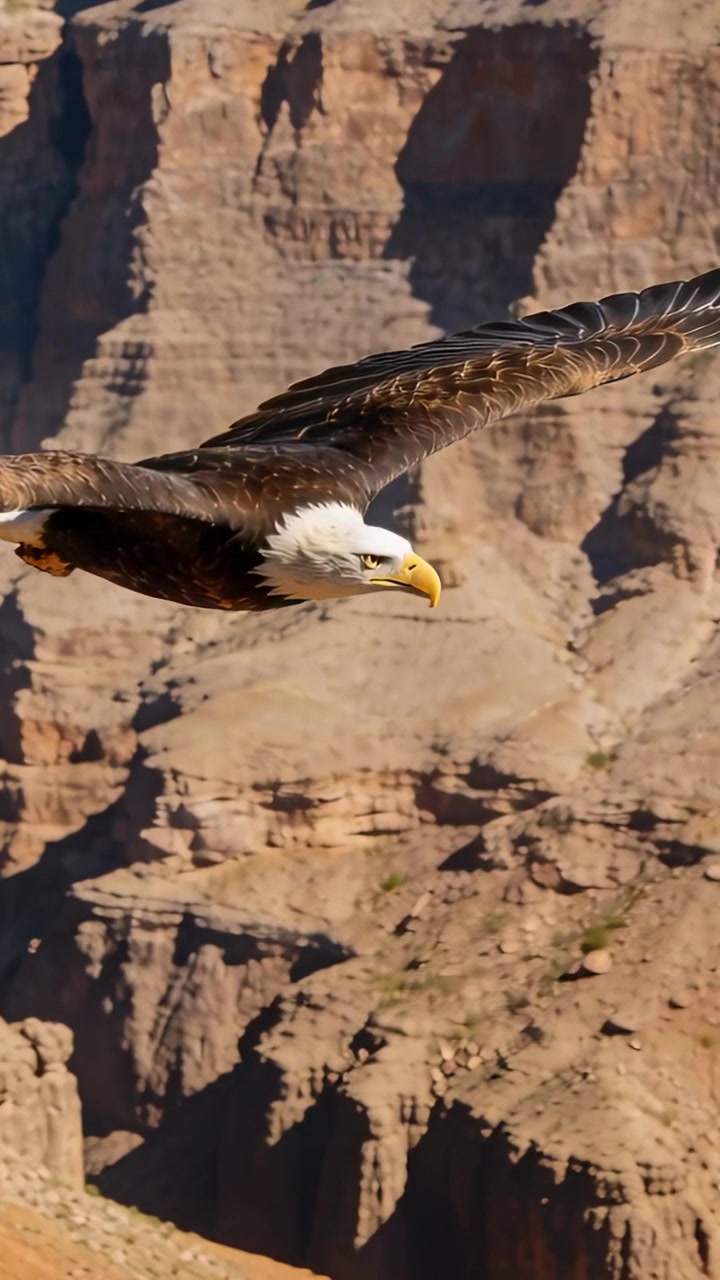 Video verticale: Telecamera che segue un'aquila calva adulta che plana lungo le pareti stratificate del canyon, scrutando avanti.