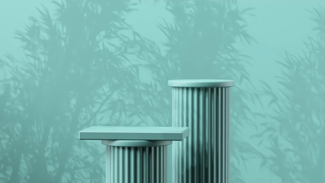 Minimalist teal display podium with two cylindrical platforms and abstract foliage shadows on blue background. Product showcase, modern presentation, and branding concept.