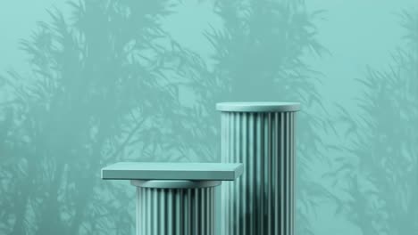 minimalist teal display podium with two cylindrical platforms and abstract foliage shadows on blue background. product showcase, modern presentation, and branding concept.