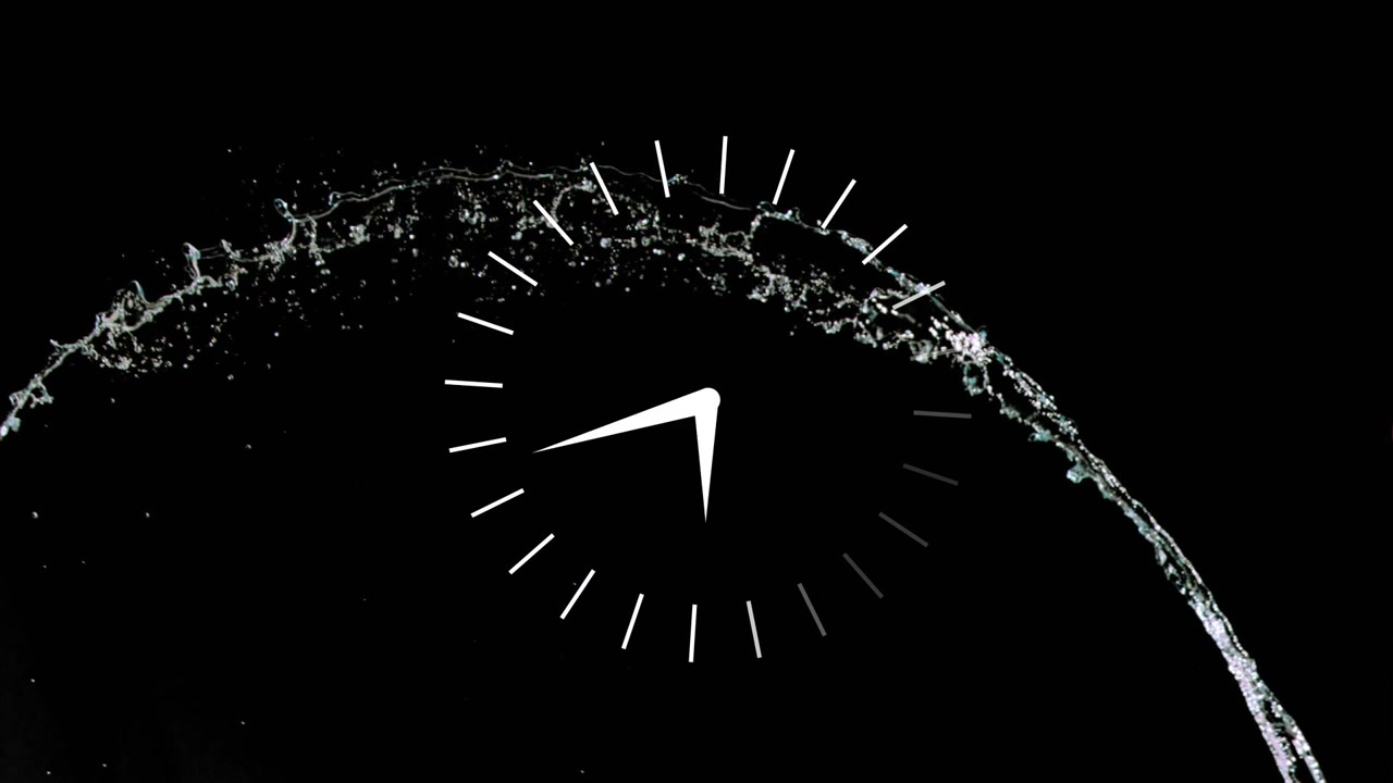 Clock dial holding center while liquid release sweeping across hands, showing motion design timing