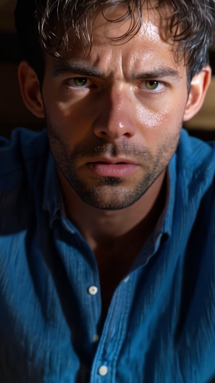Intense Portrait Series: A Man's Emotional Journey Captured in Two Frames Showing Determination and Focus with a Strong Close-Up Look