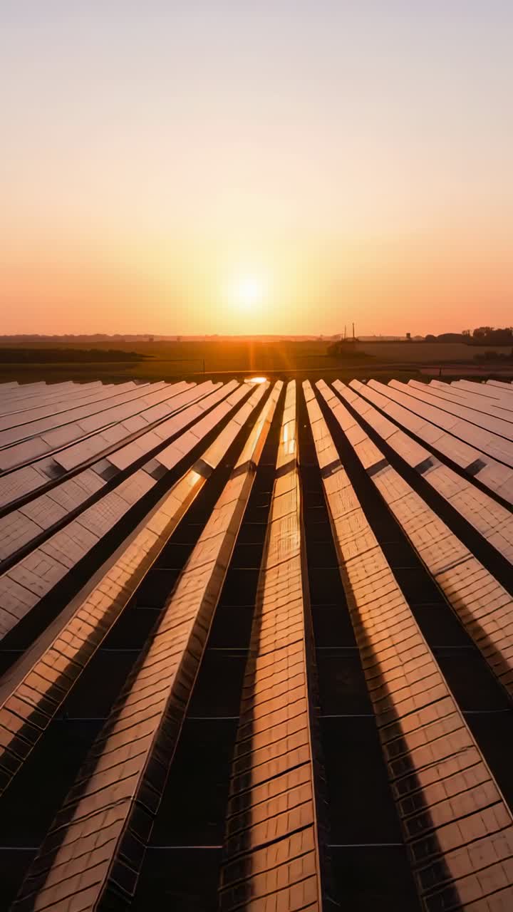 Vertikal video: Svævende drone fanger solcelleanlæg ved solnedgang, mens solen synker ned og funkler