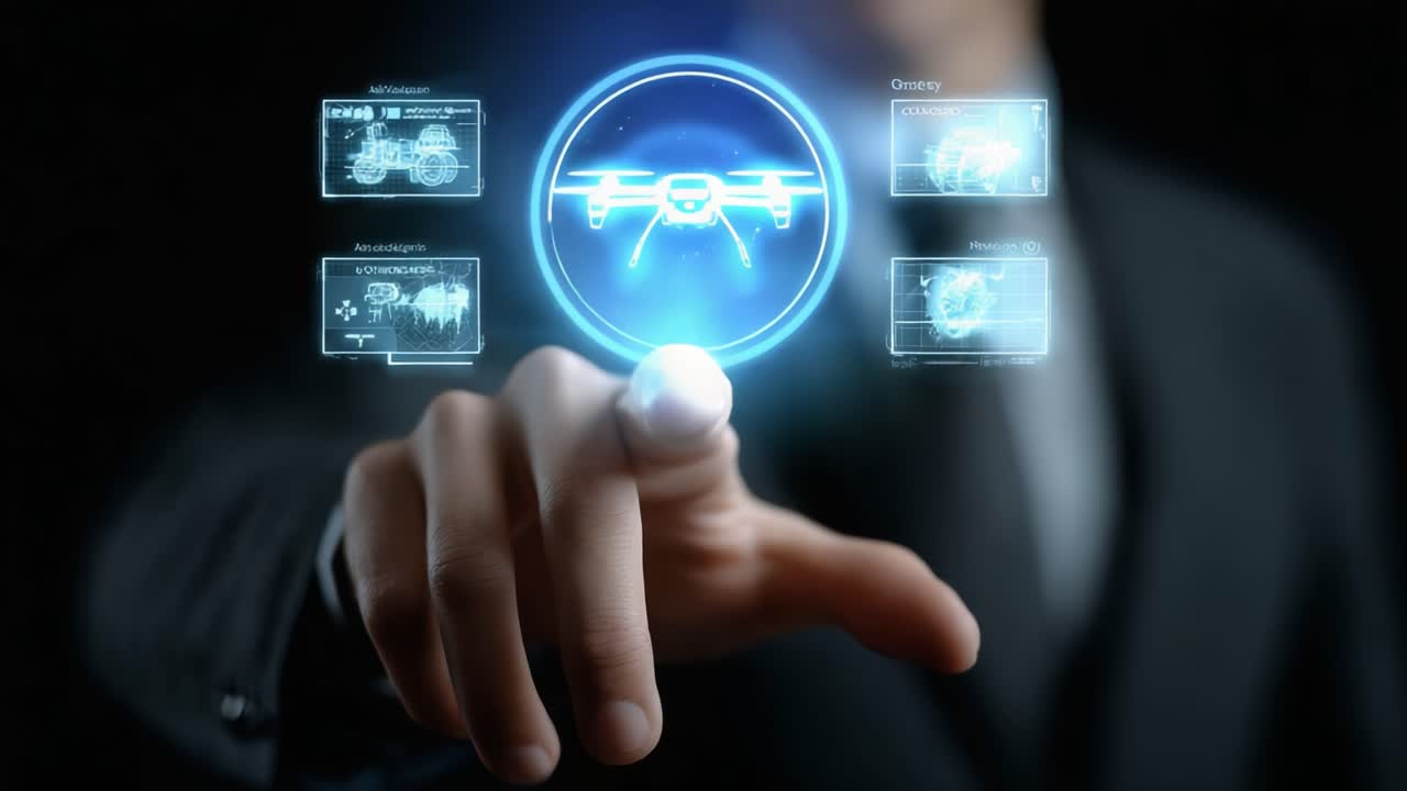 Futuristic Interaction with Drone Technology: A Professional Engages with Advanced Holographic Interface and Displays Data on Drone Functionality and Features