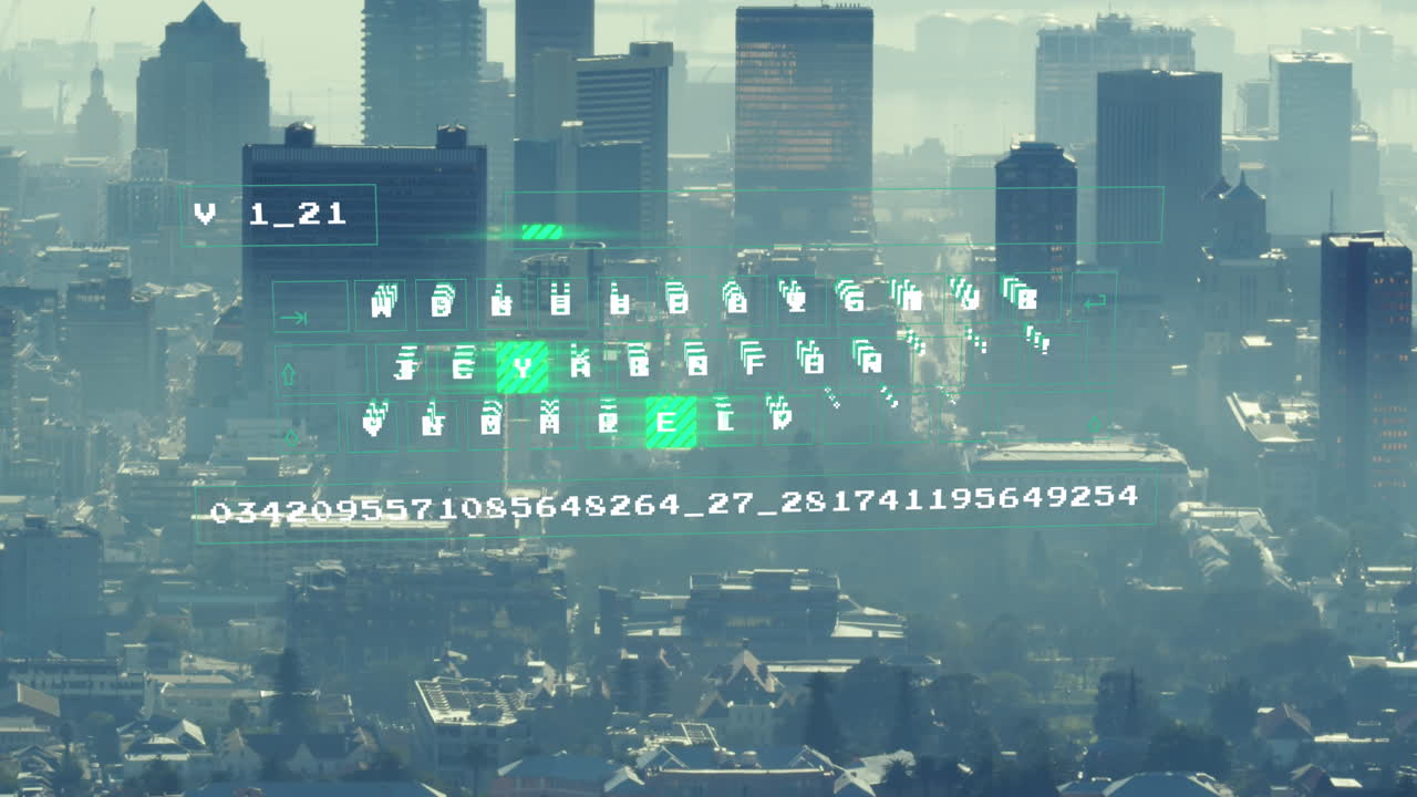 Animazione di un motivo illuminato che si muove su lettere e numeri su un paesaggio urbano moderno.