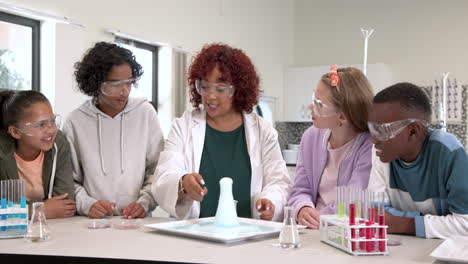 female teacher demonstrating science experiment to engaged multiracial students in school laboratory