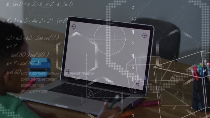 Animation of chemical formulas over african american boy learning on laptop with copy space