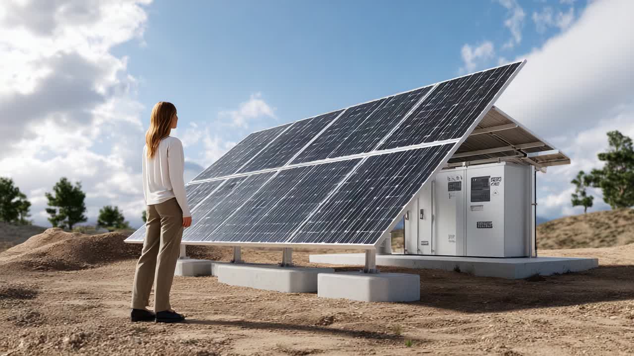 A person stands in front of a solar panel installation, observing the array and its surrounding environment under a clear sky, highlighting the advancement of renewable energy technology and sustainability