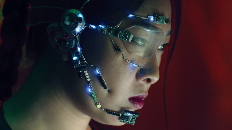 donna cyberpunk con un copricapo futuristico