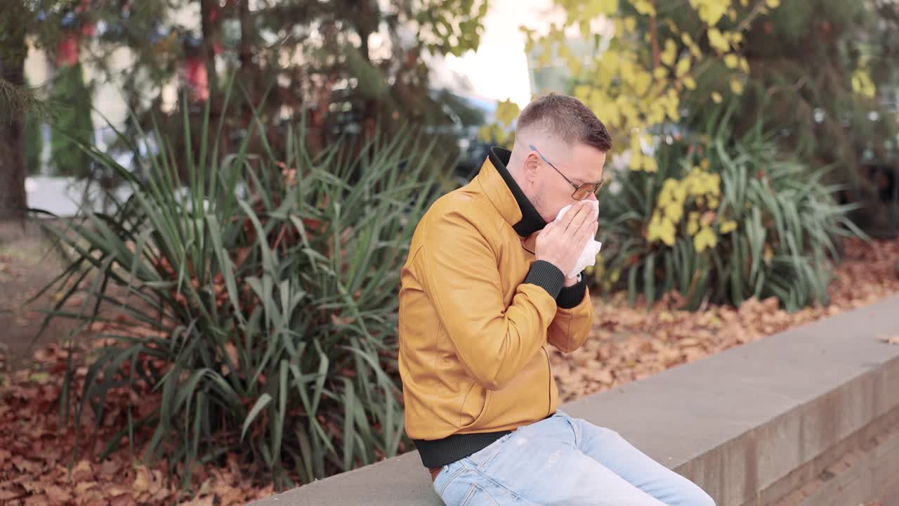 Man Sneezing Outdoors in Autumn