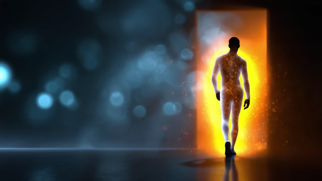 Una figura misteriosa entra in una porta vibrante e luminosa, a simboleggiare la transizione e l'esplorazione in un mondo pieno di colori e potenziale di trasformazione.